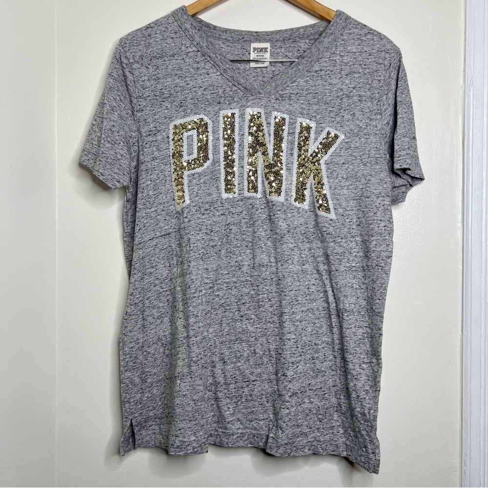 Pink Victoria’s Secret Bling V Neck T Shirt Gold Sequins Women’s Size Medium